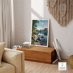 Ullswater Lake District Lakeside Path Print - Stone Wall & Lake Wall Art displayed in a cozy living room setting.