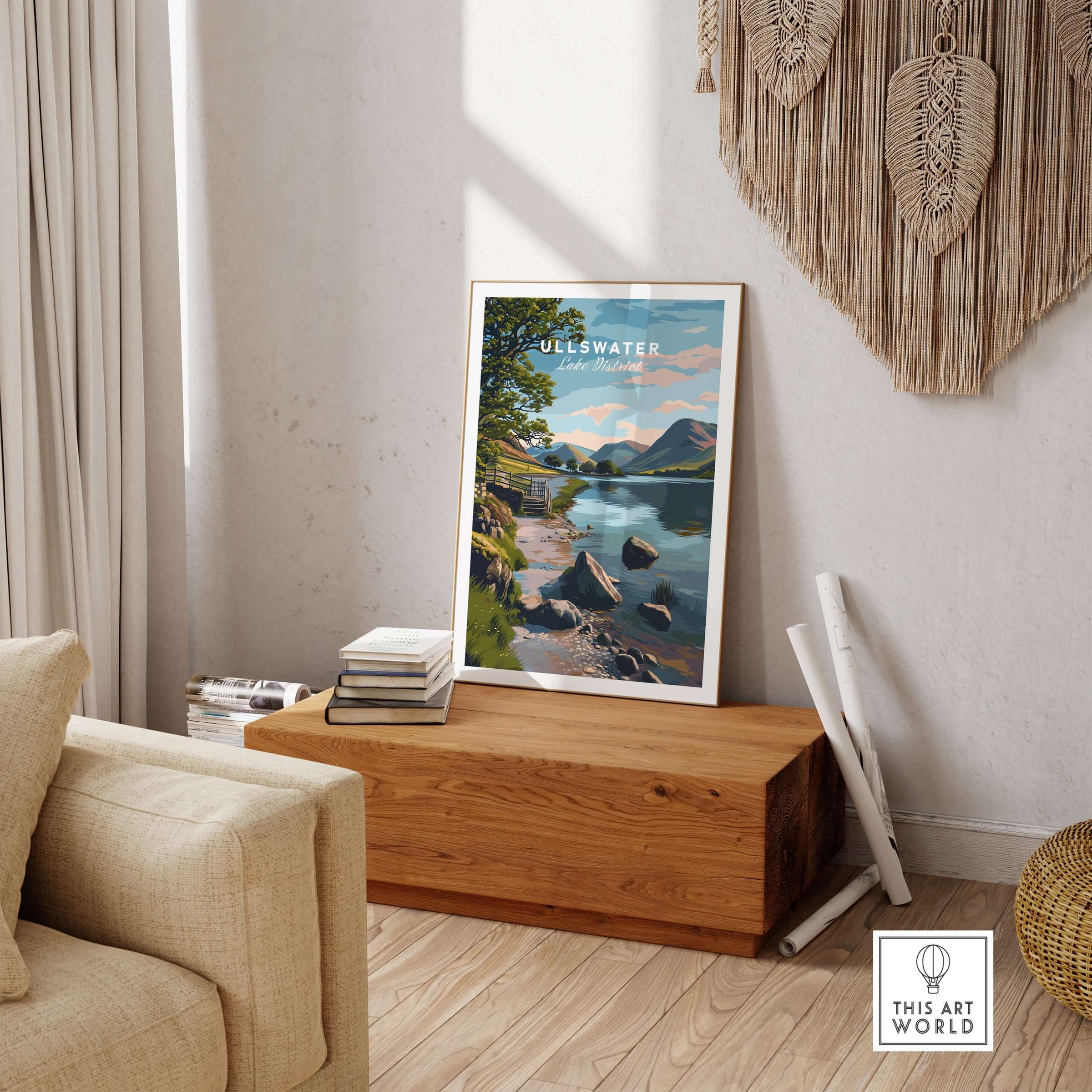 Ullswater Lake District Lakeside Path Print - Stone Wall & Lake Wall Art displayed in a cozy living room setting.