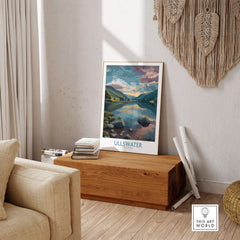 Ullswater Lake District Tranquil Lake View Poster - Scenic UK Landscape Decor displayed in a cozy living room setting.