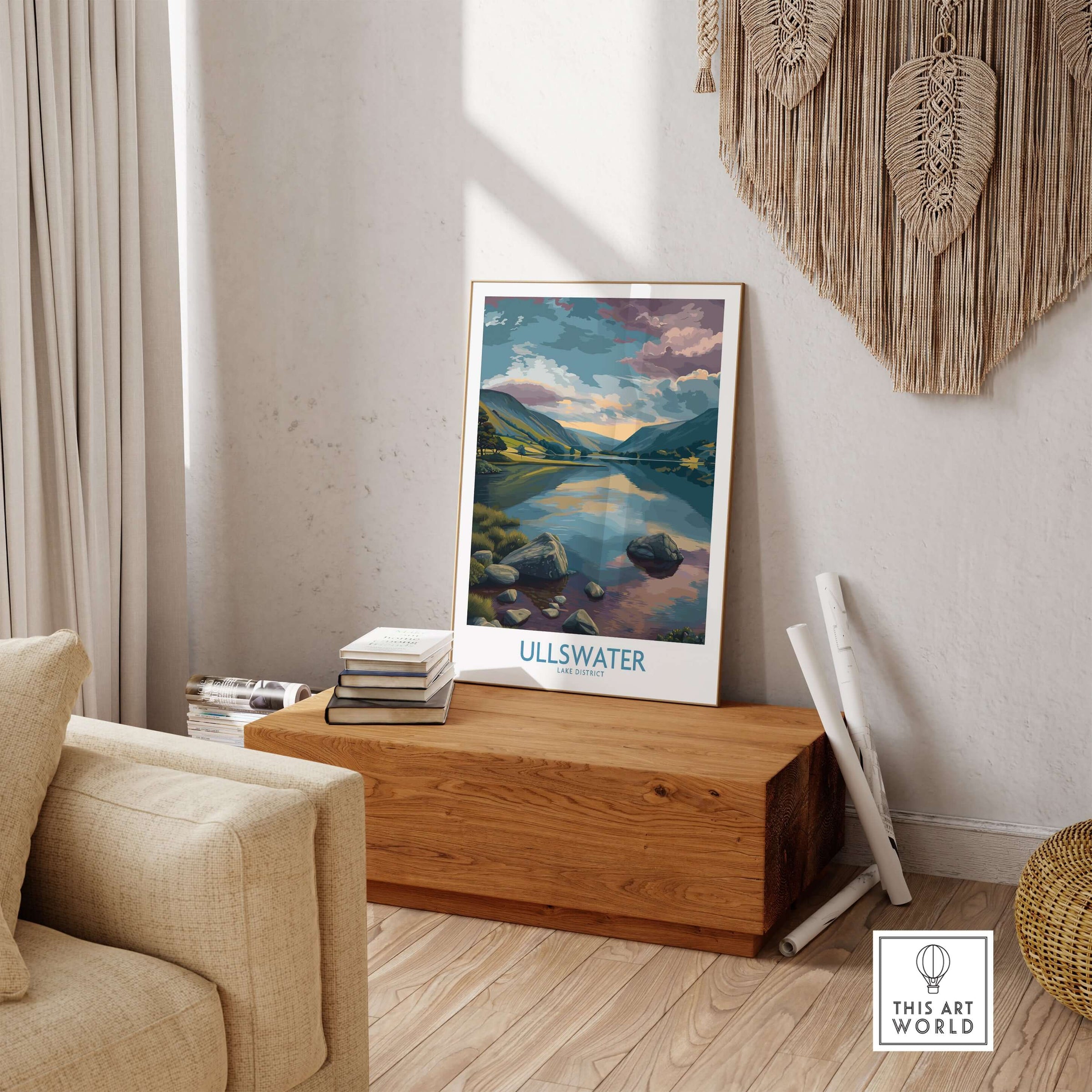 Ullswater Lake District Tranquil Lake View Poster - Scenic UK Landscape Decor displayed in a cozy living room setting.