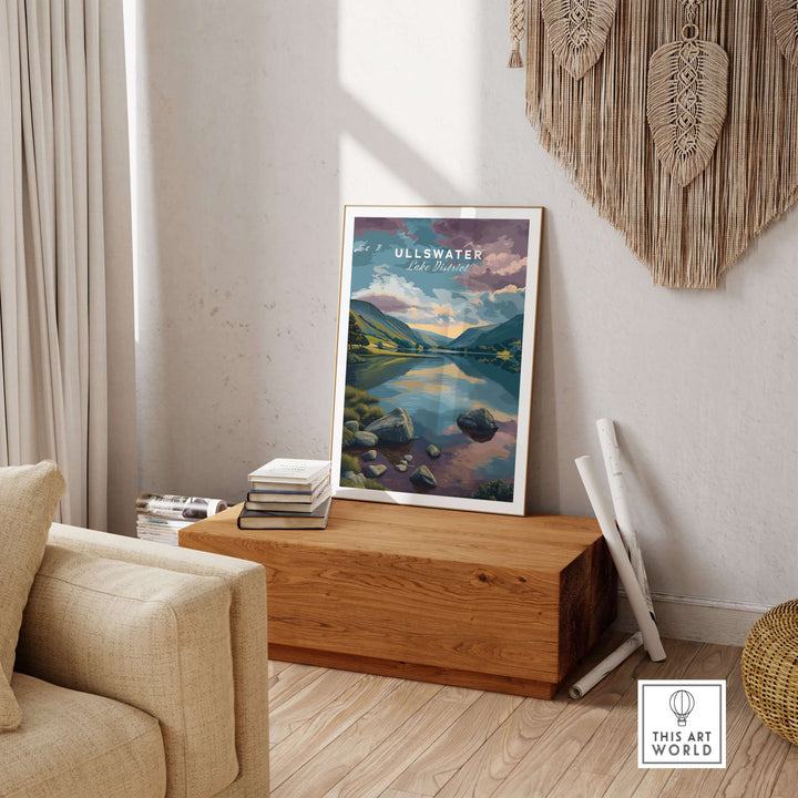 Ullswater Lake District sunset reflection print displayed in a cozy living room, showcasing serene Cumbria landscapes.