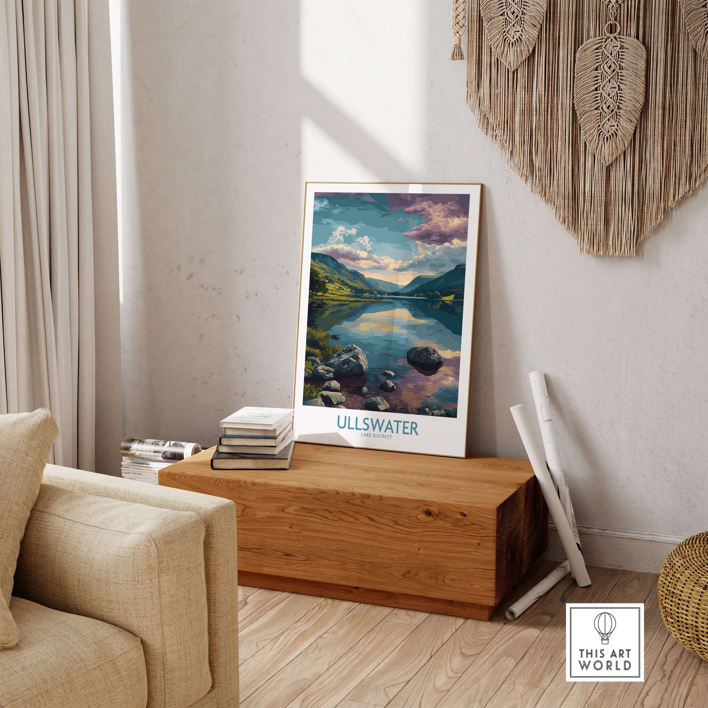 Ullswater Lake District Rocky Shoreline Poster - UK Nature Travel Decor displayed in a cozy living room setting.