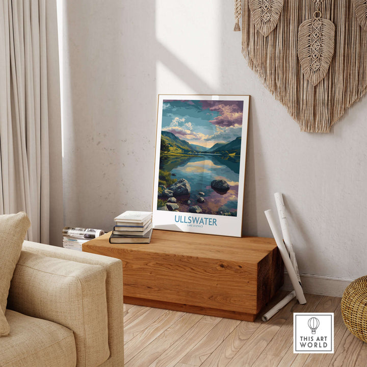 Ullswater Lake District Rocky Shoreline poster displayed in a cozy living room setting, highlighting UK nature travel decor.