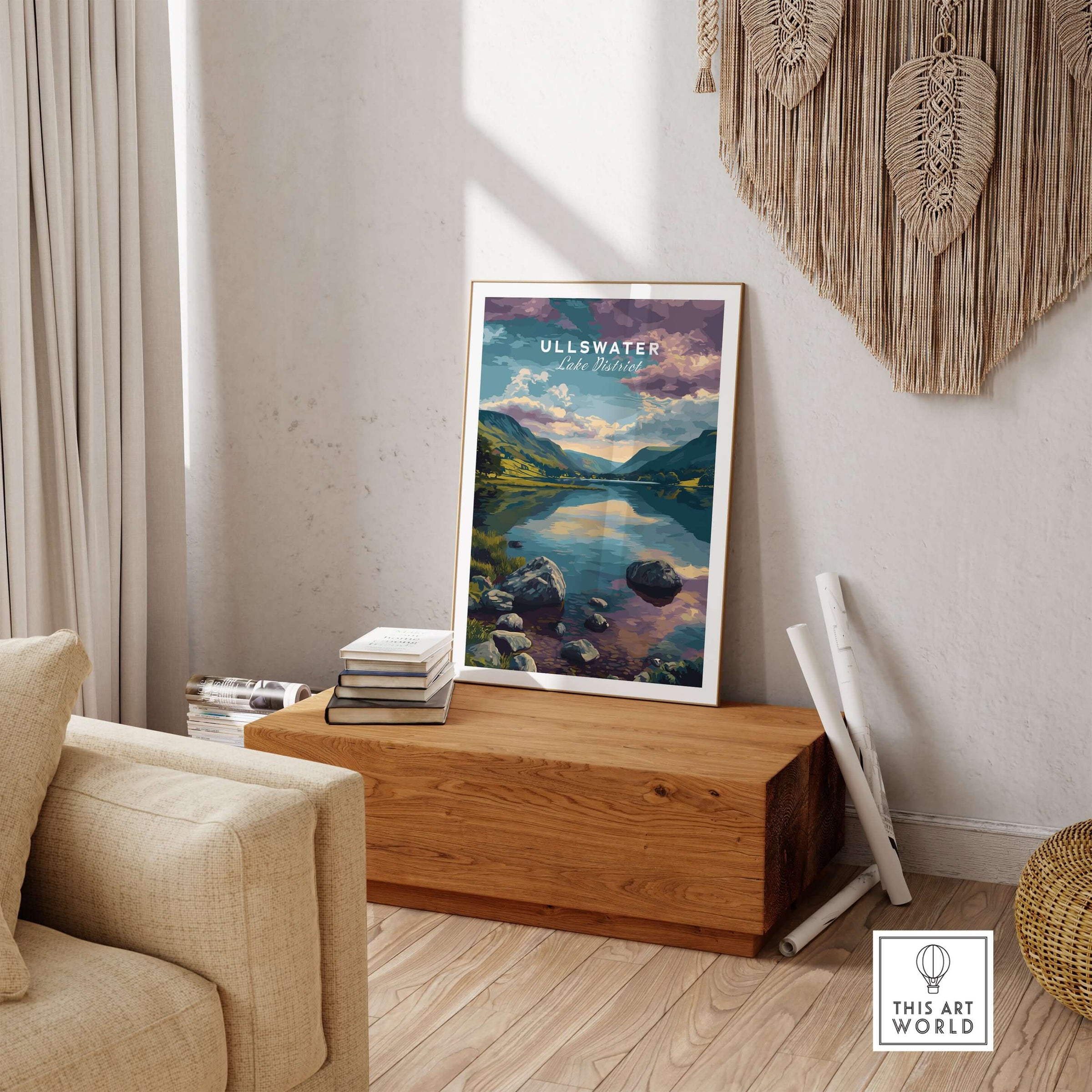 Ullswater Lake District Mountain View Reflection Print - Serene Lake Wall Art displayed in a cozy living room setting.