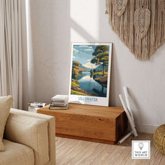 Ullswater Lake District Autumn Trees Landscape Wall Art - UK Lake District Decor displayed in a stylish living room setting.