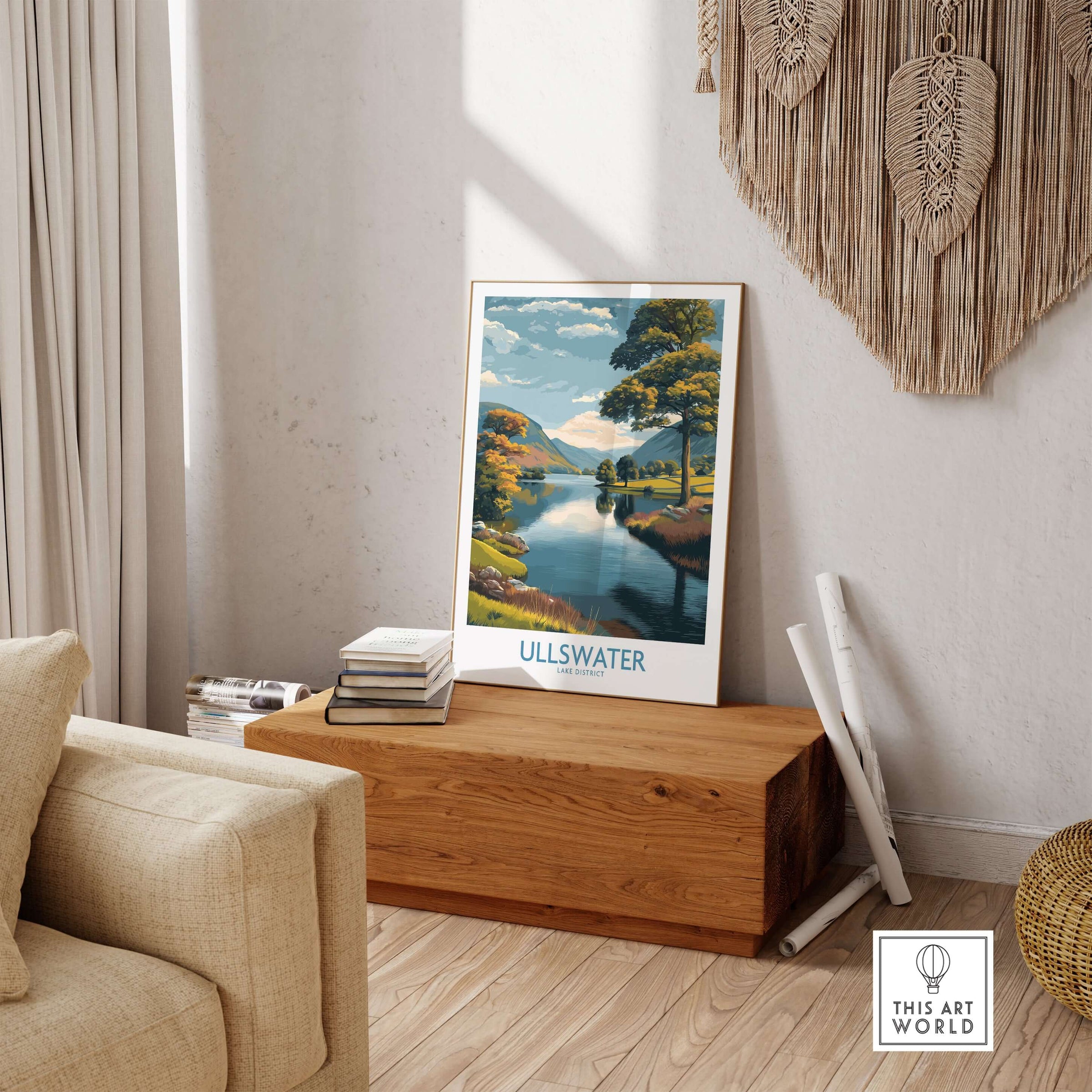 Ullswater Lake District Autumn Trees Landscape Wall Art - UK Lake District Decor displayed in a stylish living room setting.