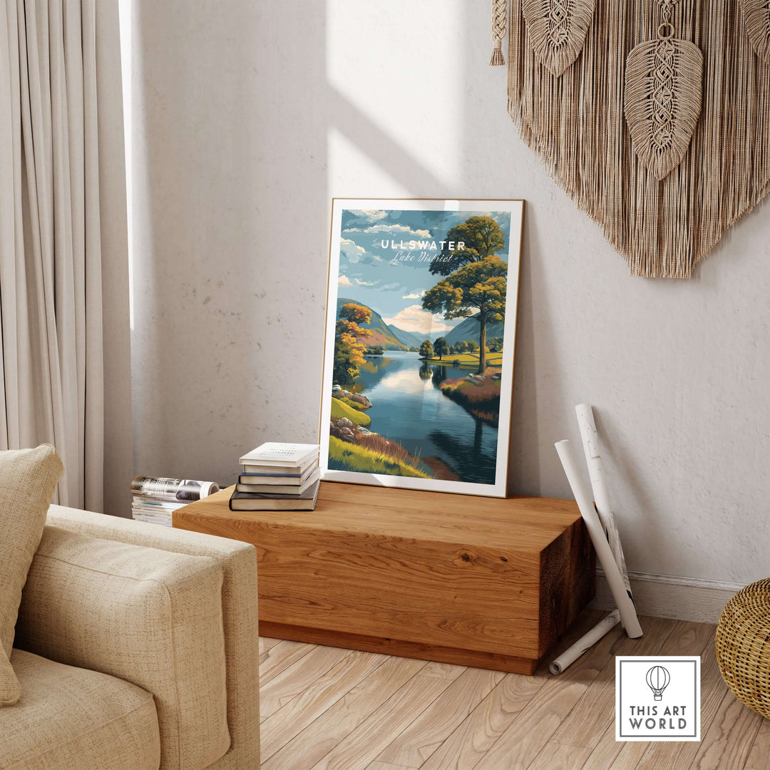 Ullswater Lake District print featuring green trees and a serene lakeside scene, enhancing home decor with nature's beauty.