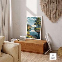 Ullswater Lake District Green Trees Lakeside Print - English Countryside Poster displayed in a cozy living room.