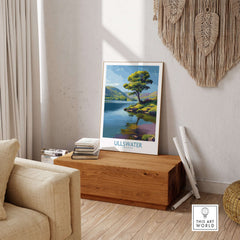 Ullswater Lake District Green Hillside Poster - Scenic UK Travel Decor displayed in a cozy living room setting.
