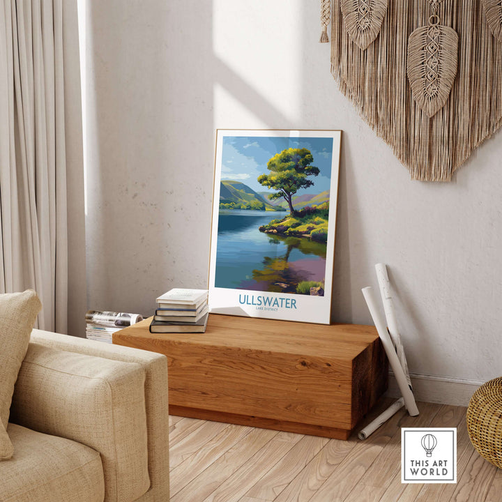 Ullswater Lake District poster featuring green hills and serene water, perfect for UK travel decor.