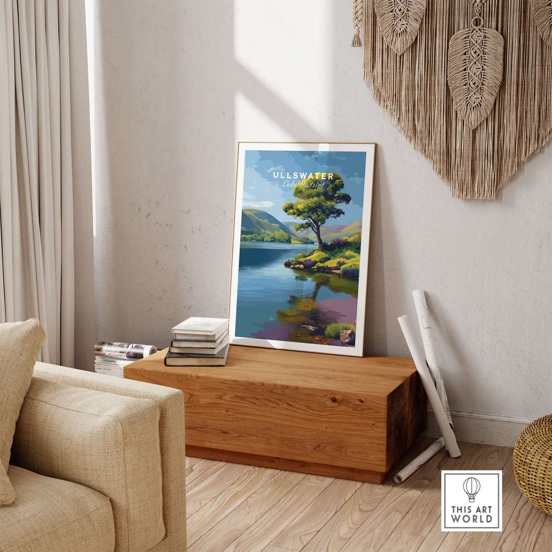 Ullswater Lake District solitary tree print reflecting on calm lake, showcasing serene landscape wall art in stylish decor.