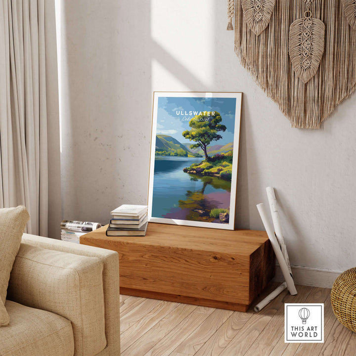 Ullswater Lake District solitary tree print reflecting on calm lake, showcasing serene landscape wall art in stylish decor.