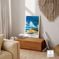 Vero Beach Sunny Coastal Landscape Print - Florida Travel Decor displayed in a bright room with a wooden chest.
