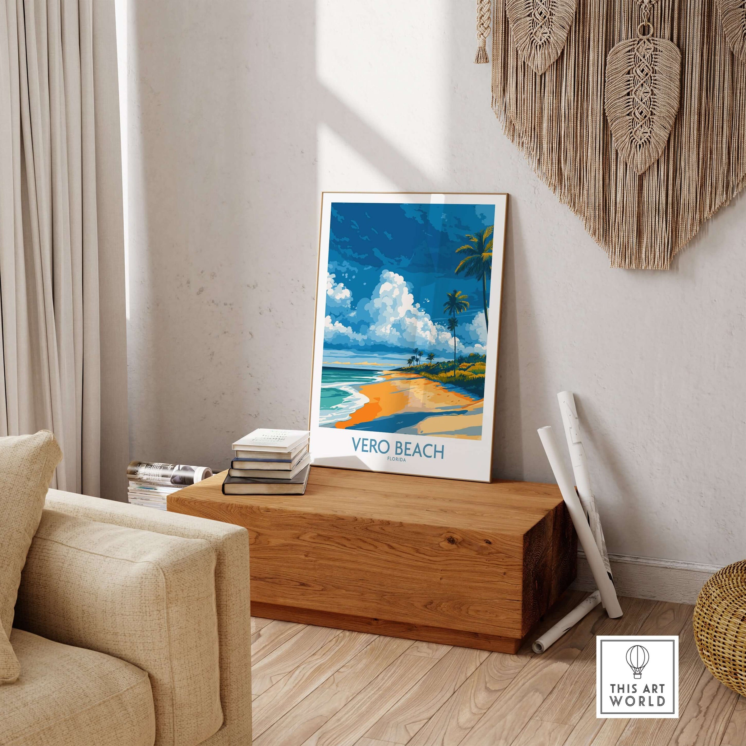 Vero Beach Sunny Coastal Landscape Print - Florida Travel Decor displayed in a bright room with a wooden chest.