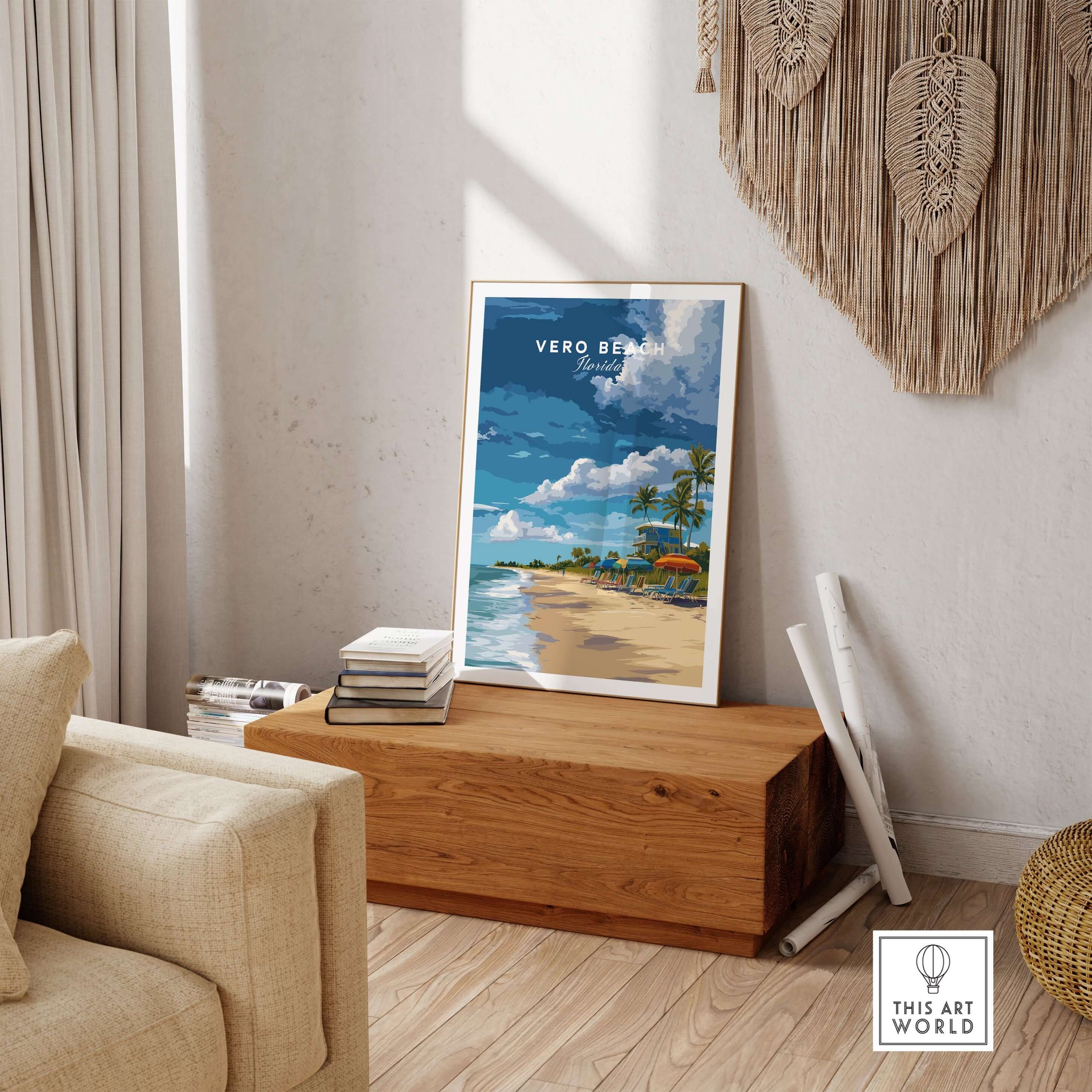 Vero Beach Florida Beachfront Resort Print - Lifeguard Station Wall Art displayed in a cozy living room setting.