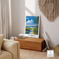 Vero Beach Ocean View Poster - Florida Nature Decor displayed in a stylish living room with wooden decor.