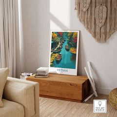Vietnam Poster - Southeast Asia Travel Print showcasing vibrant waterways with boats in a stylish interior setting.