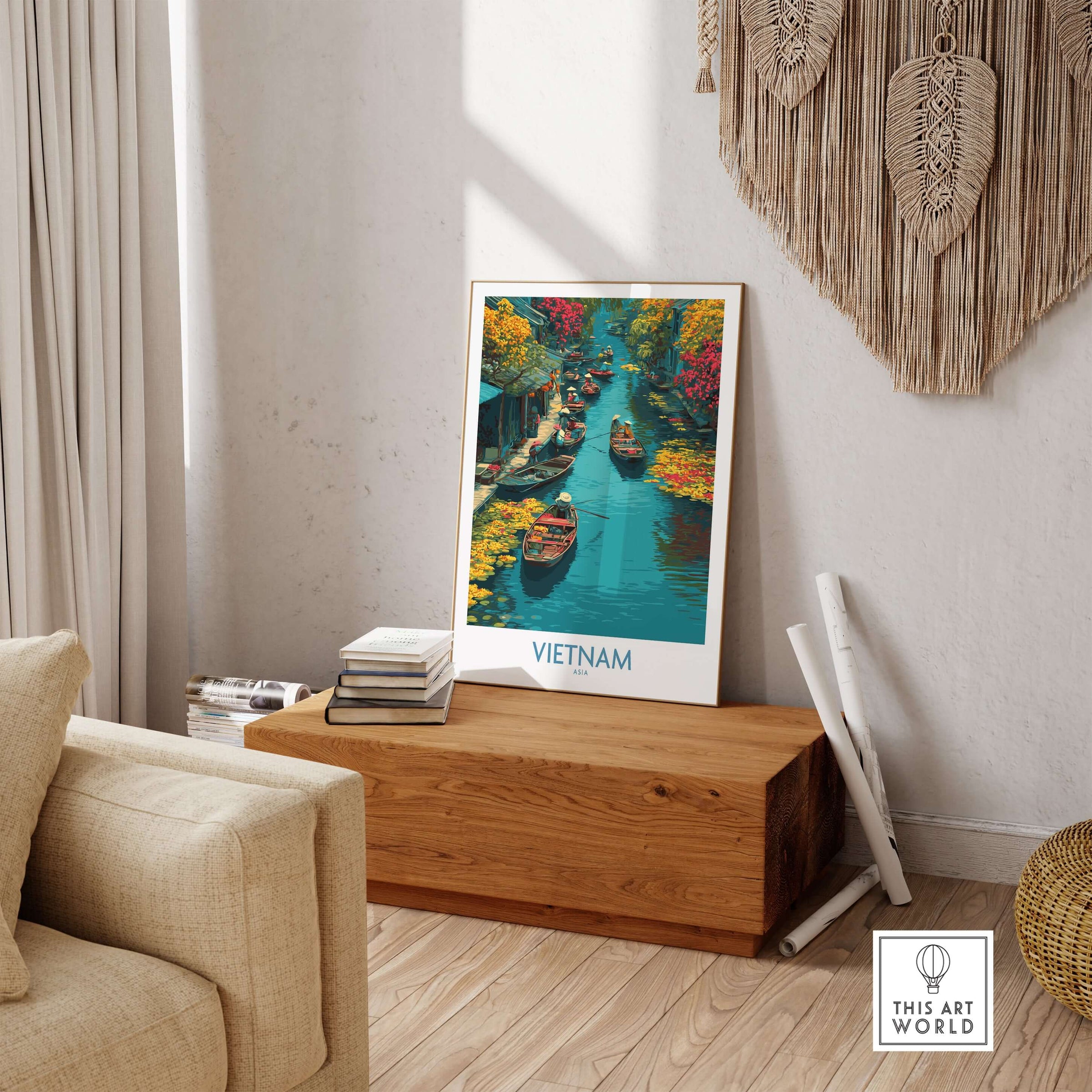 Vietnam Poster - Southeast Asia Travel Print showcasing vibrant waterways with boats in a stylish interior setting.