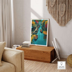 Vietnam Hoi An Canal Boats Print - Traditional River Market Wall Art displayed in a cozy living space with wooden decor.