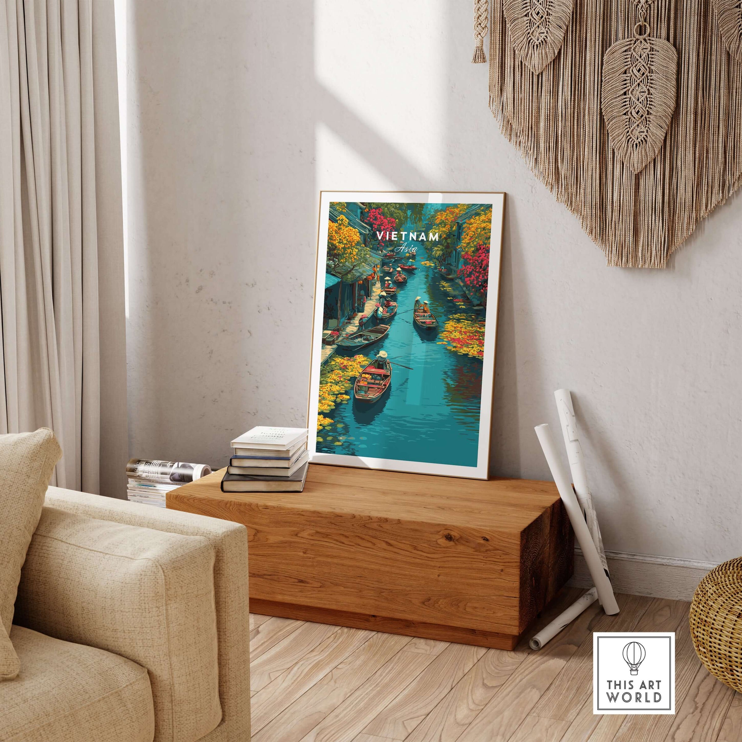 Vietnam Hoi An Canal Boats Print - Traditional River Market Wall Art displayed in a cozy living space with wooden decor.