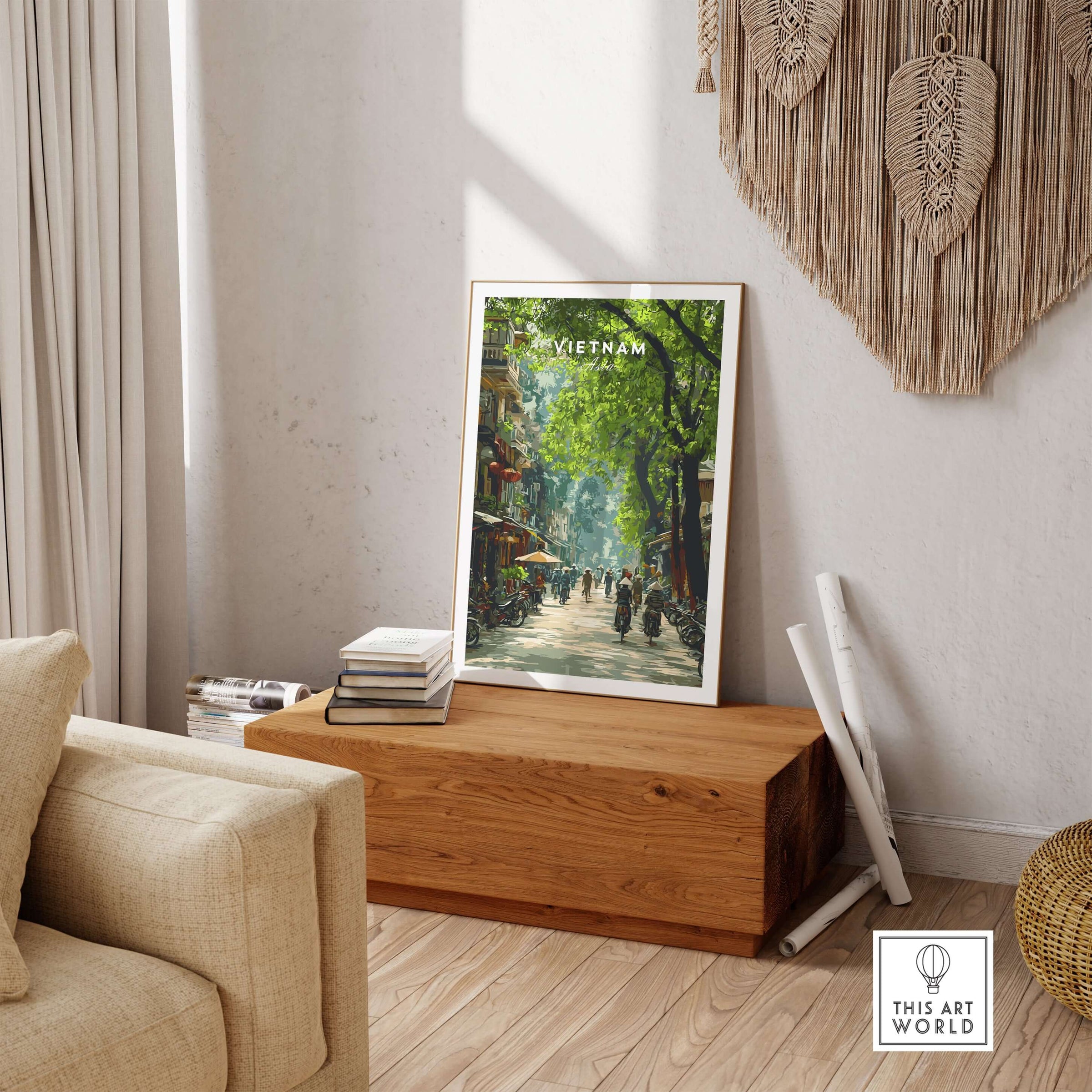 Vietnam Wall Art Poster showcasing a vibrant street scene in Vietnam, enhancing home decor with cultural charm.