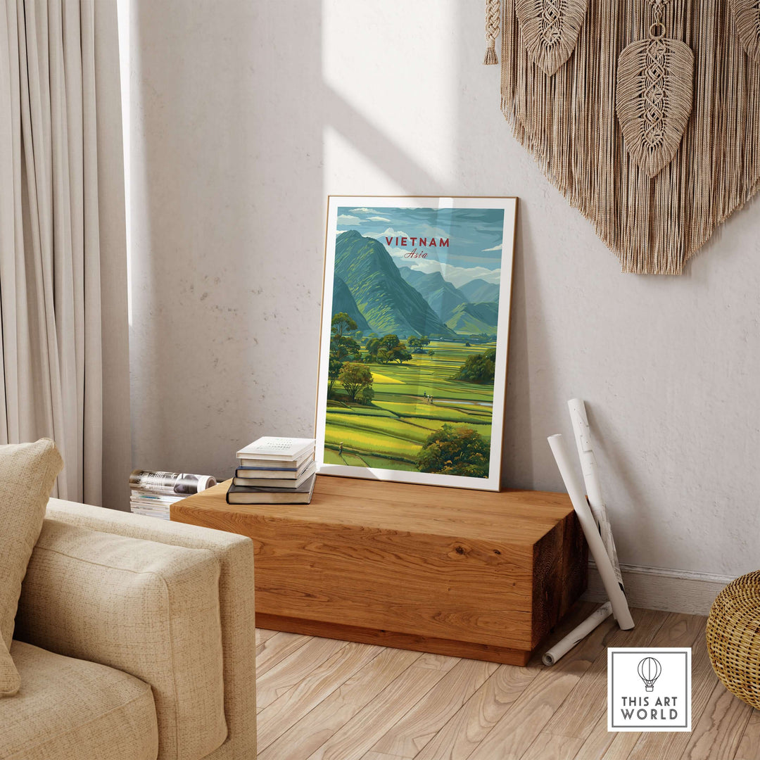 Vietnam rice fields landscape print poster in a cozy living room setting with natural decor.