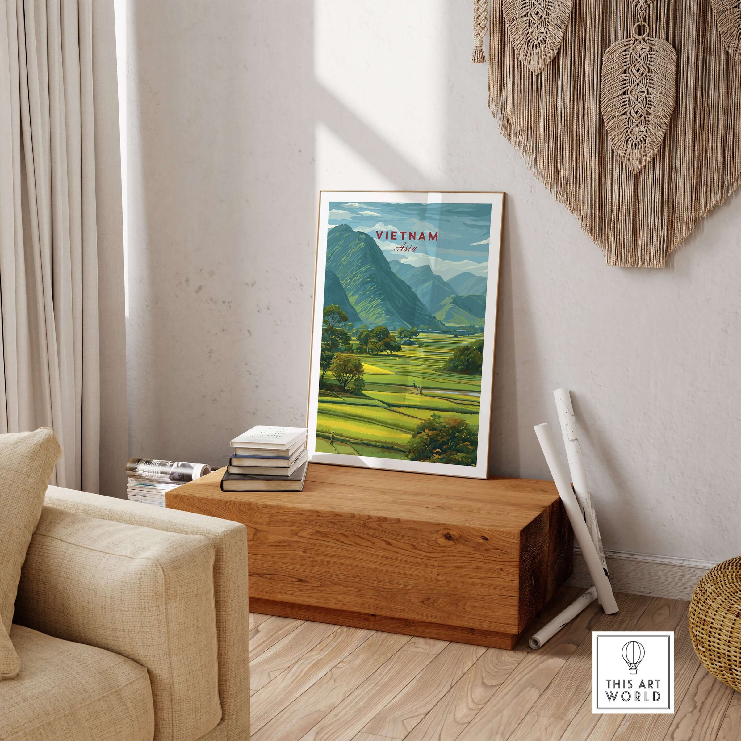 Vietnam Rice Fields Landscape Print - Rural Mountain Panorama Poster displayed in a stylish living room.