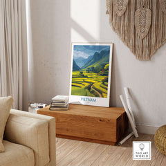 Vietnam Wall Art - Vietnamese Rural Travel Print showcasing serene rice terraces and mountainous landscapes in a cozy decor setting.