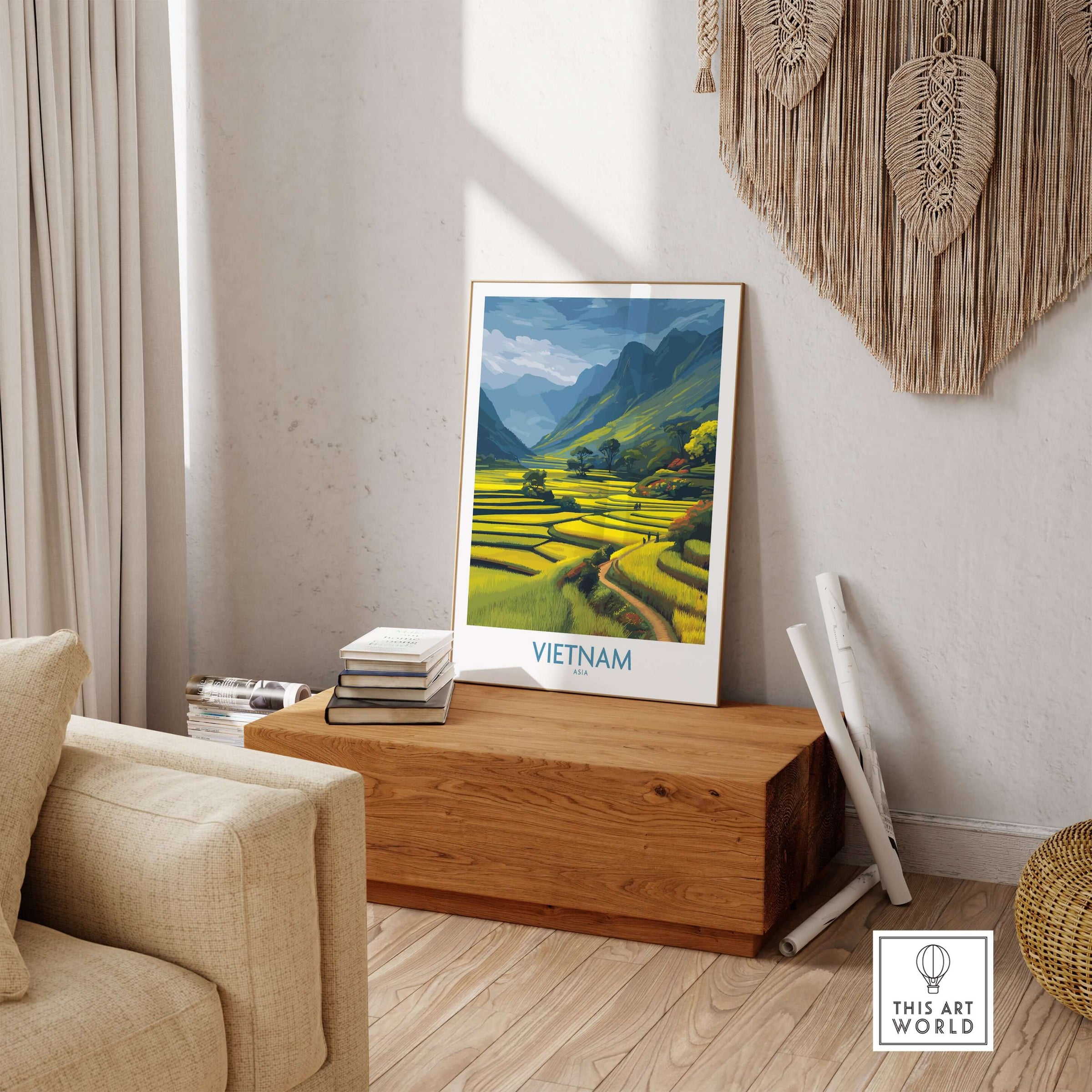 Vietnam Wall Art - Vietnamese Rural Travel Print showcasing serene rice terraces and mountainous landscapes in a cozy decor setting.