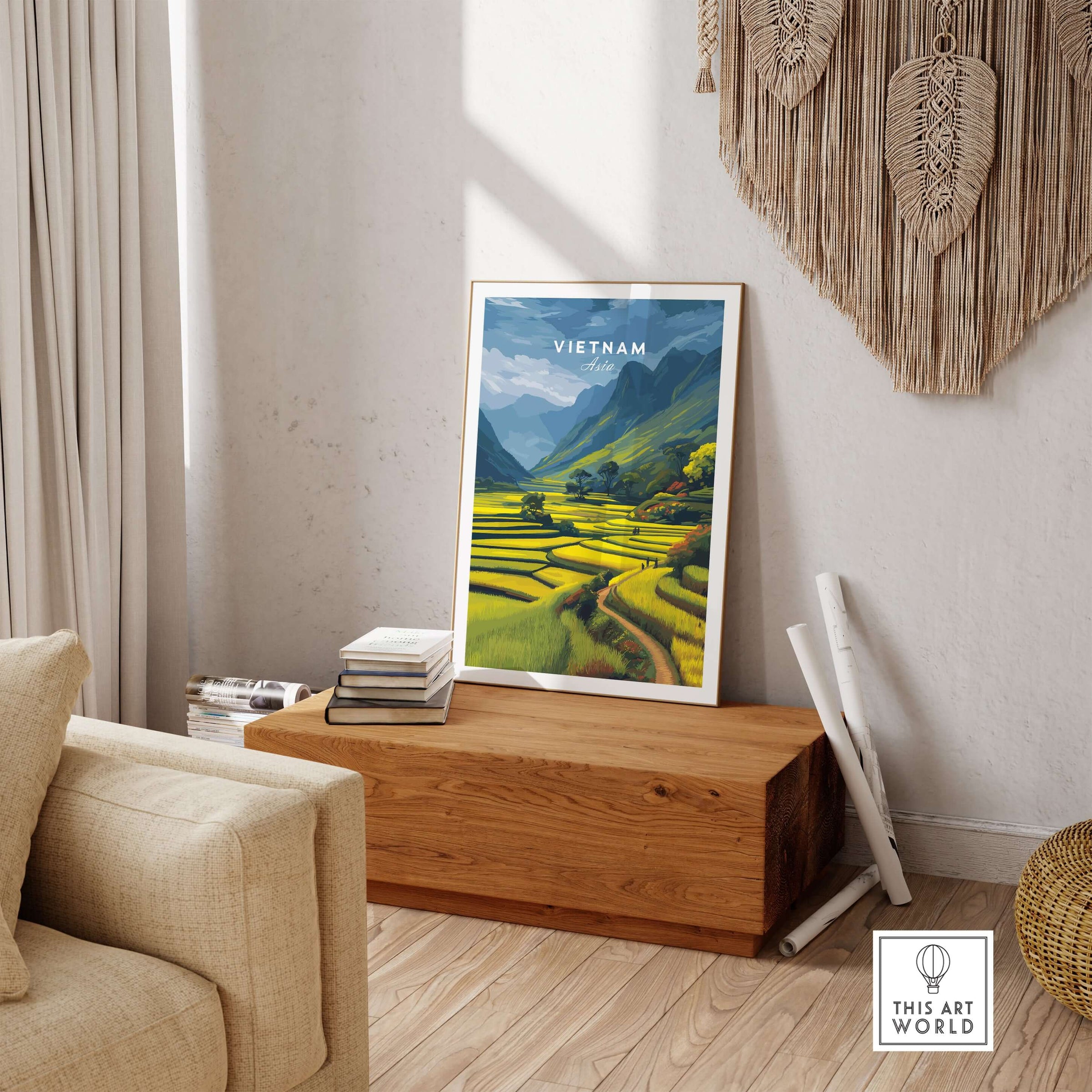 Vietnam Rice Terraces Print - Scenic Mountain Poster displayed in a modern living room with natural decor.