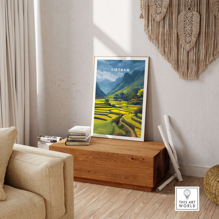 Vietnam rice terraces print displayed in a cozy living room, highlighting lush, layered fields and mountain scenery.