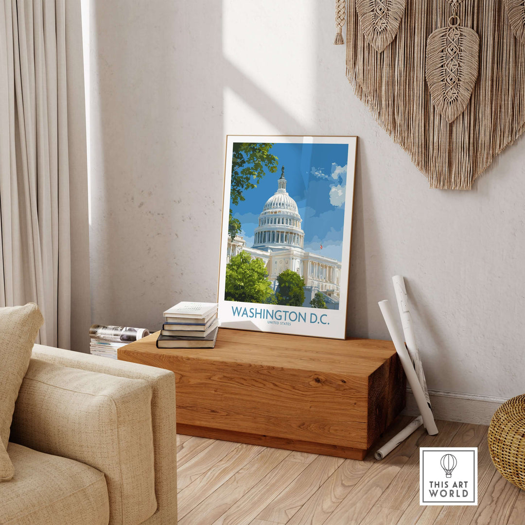 Washington D.C. Capitol Hill poster featuring the iconic Capitol building in a stylish living room setting.