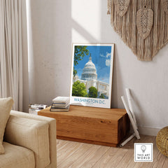 Washington D.C. Capitol Hill Poster showcasing the iconic Capitol building in a stylish living room setting.