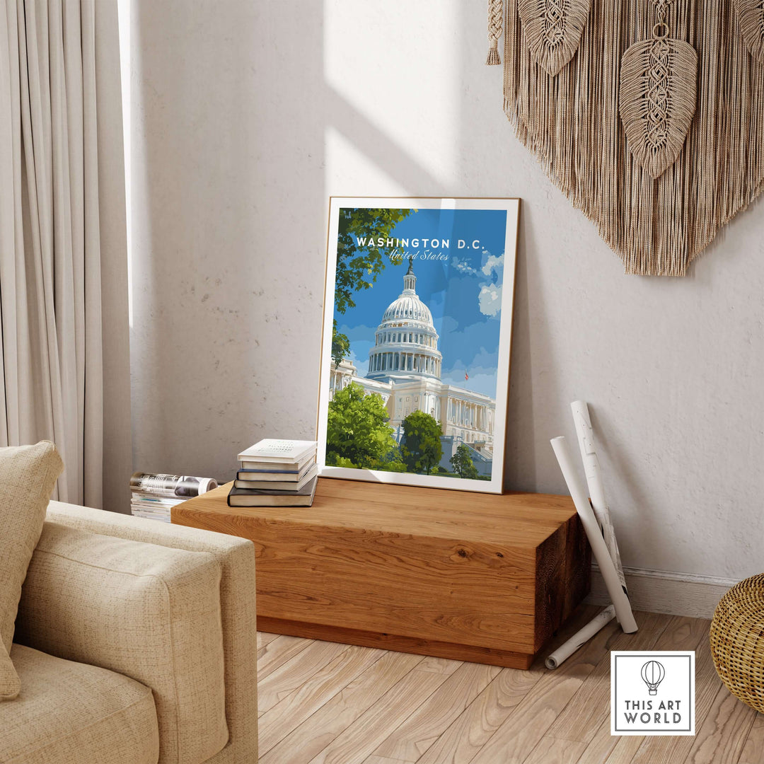Washington D.C. Capitol Building print displayed in a stylish interior, showcasing American landmark art.