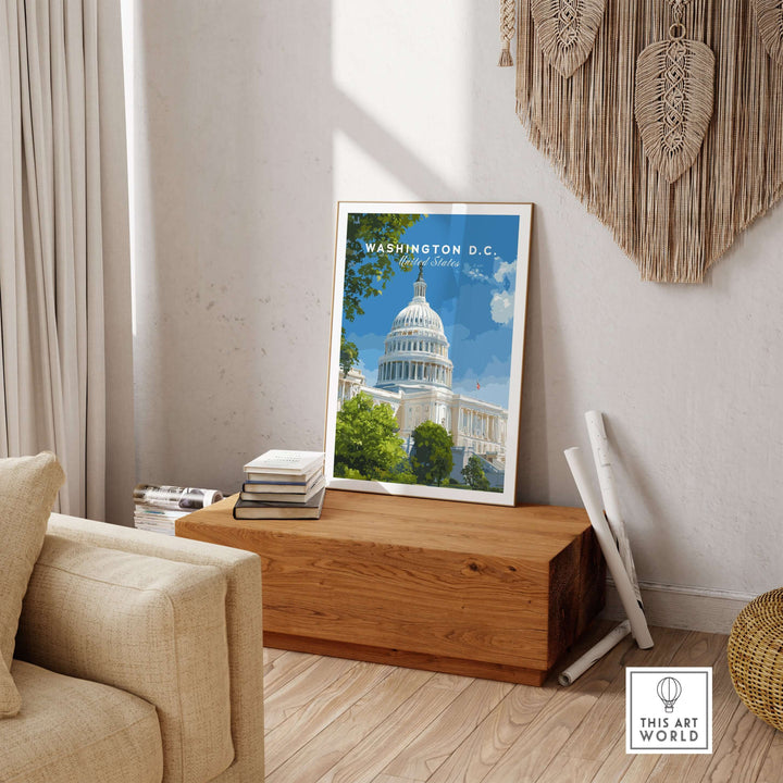 Washington D.C. Capitol Building print displayed in a stylish interior, showcasing American landmark art.