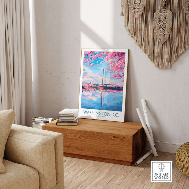 Washington D.C. wall art print showcasing cherry blossoms and the Washington Monument in a stylish living room setting.