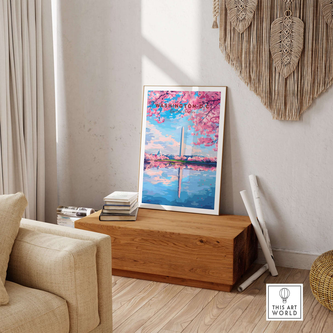 Cherry Blossom poster of the Jefferson Memorial in Washington D.C., elegantly displayed in a cozy living room setting.