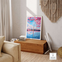 Washington D.C. Cherry Blossom Poster - Jefferson Memorial Print displayed in a stylish living room setting.