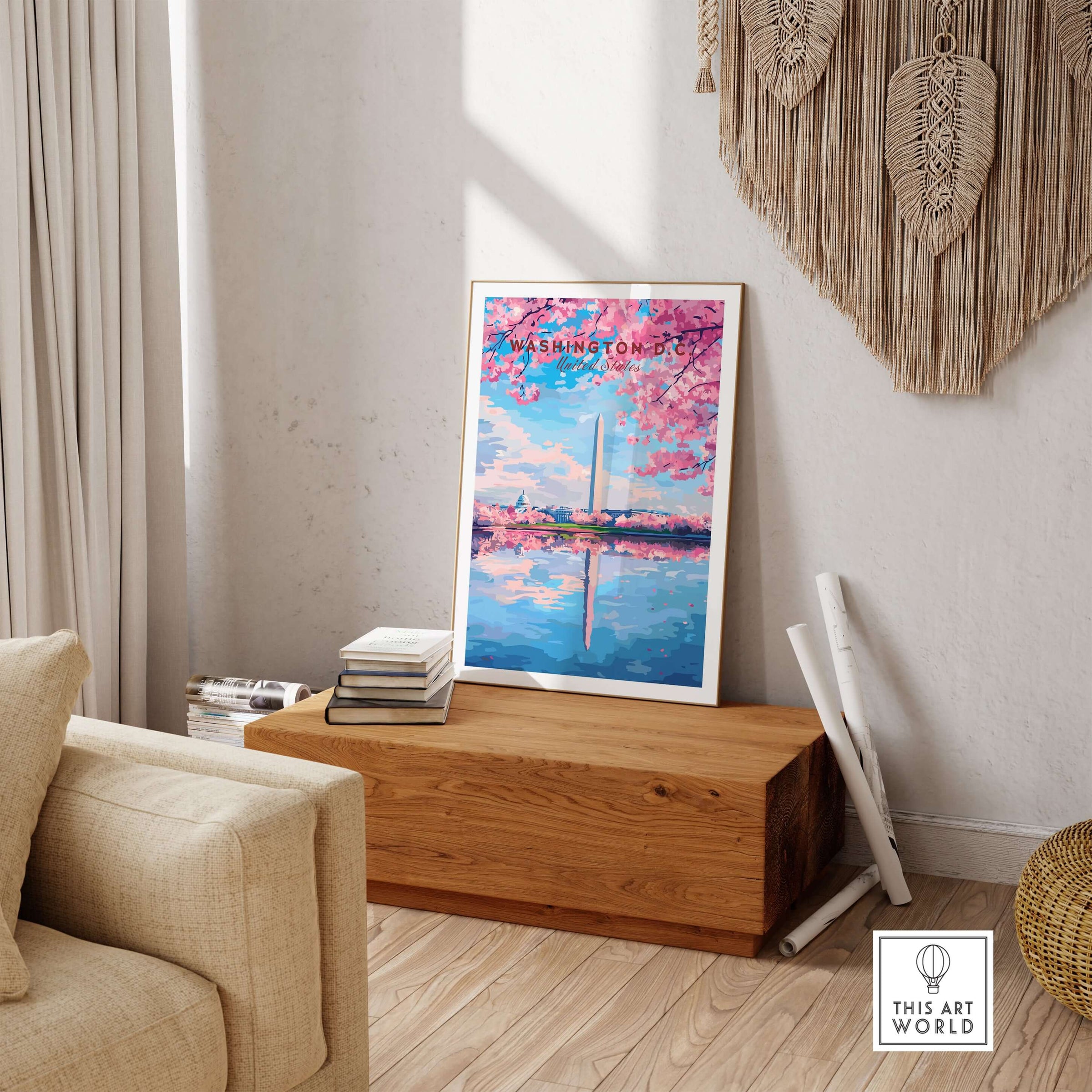 Washington D.C. Cherry Blossom Poster - Jefferson Memorial Print displayed in a stylish living room setting.