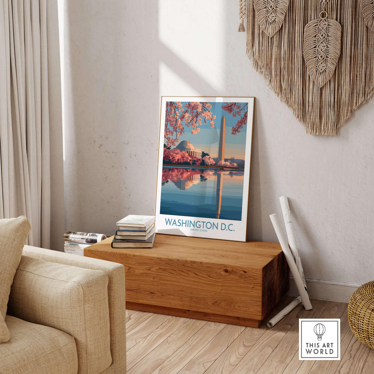 Washington D.C. Cherry Blossom Poster displayed in a stylish living room with cherry blossoms and iconic landmarks.