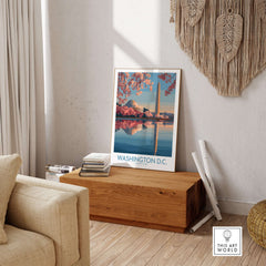 Washington D.C. Cherry Blossom Poster displayed in a stylish living room with cherry blossoms and iconic landmarks.