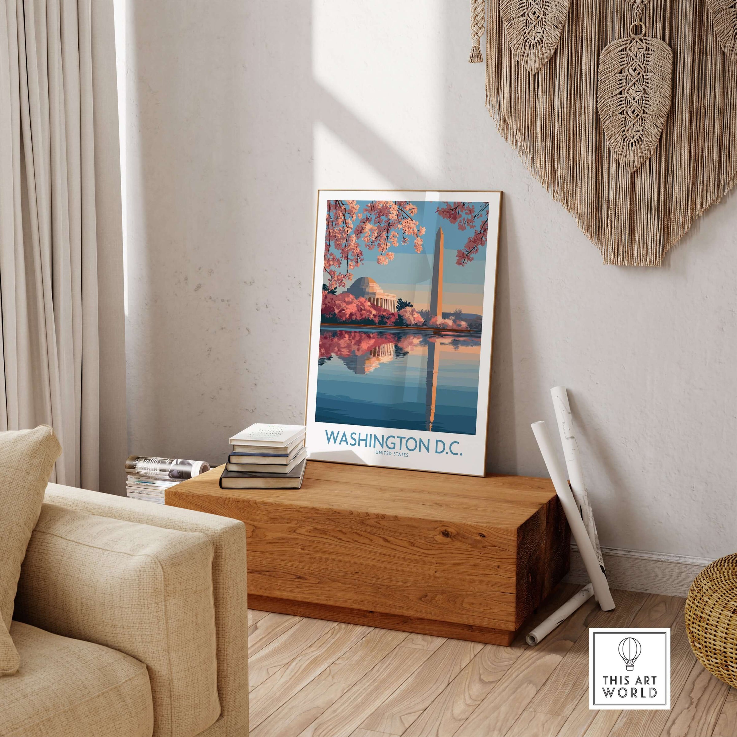 Washington D.C. Cherry Blossom Poster displayed in a stylish living room with cherry blossoms and iconic landmarks.