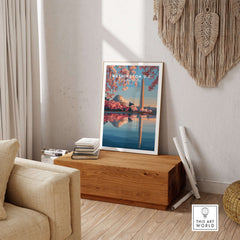 Washington D.C. Poster - Jefferson Memorial & Washington Monument Print - Cherry Blossom Wall Art displayed in a stylish living room.