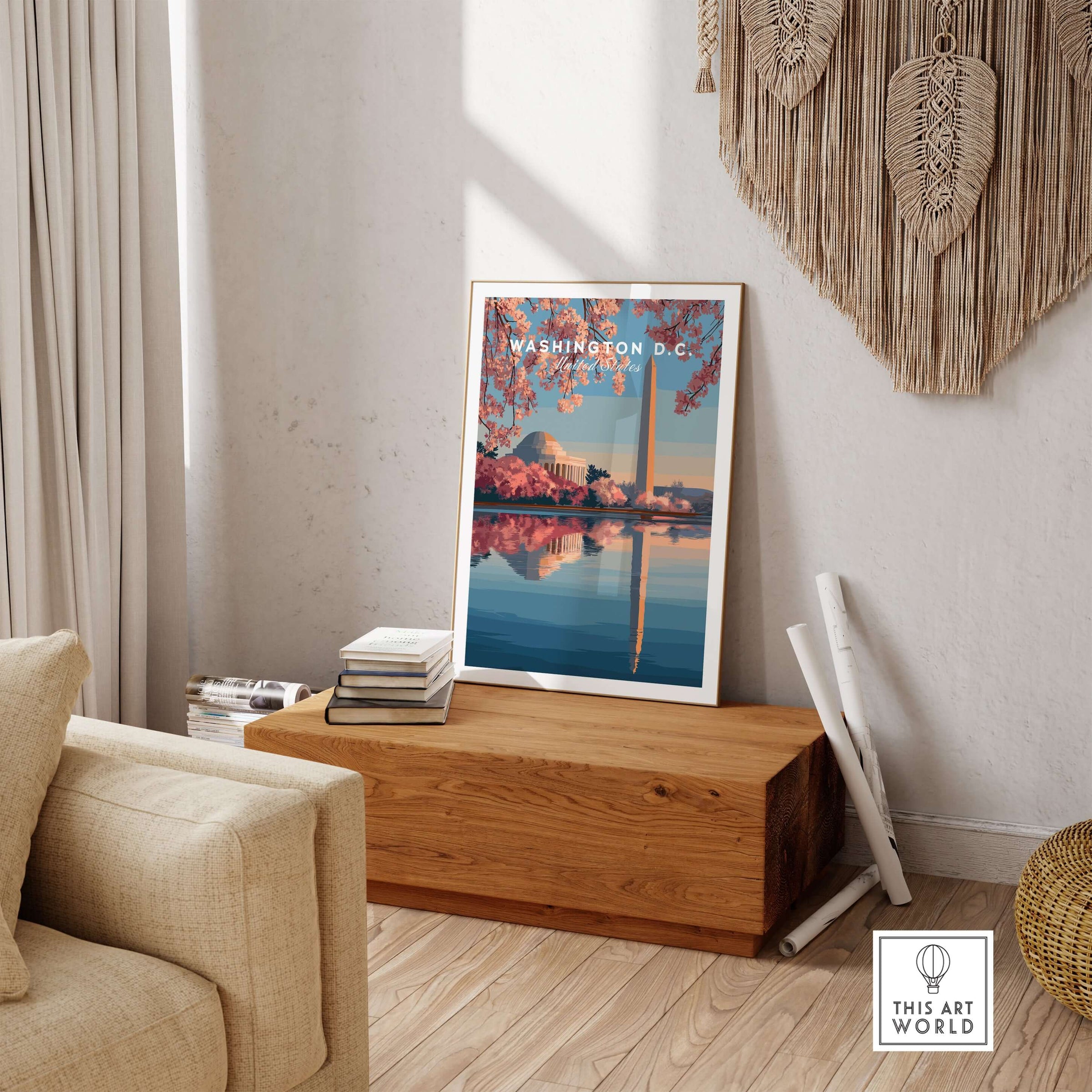 Washington D.C. Poster - Jefferson Memorial & Washington Monument Print - Cherry Blossom Wall Art displayed in a stylish living room.