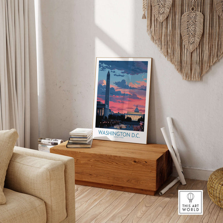 Washington D.C. urban sunset wall art print featuring iconic skyline and warm hues in modern interior.