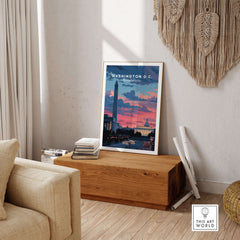 Washington D.C. Wall Art Washington Monument Sunset Poster - Capital City Skyline Print displayed in a modern living room.