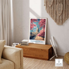 Washington D.C. US Capitol Wall Art - American Decor displayed in a stylish home interior with cherry blossoms.