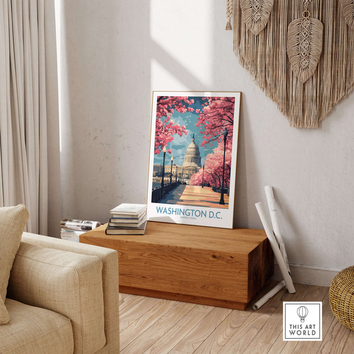 Washington D.C. US Capitol wall art surrounded by spring blossoms in a stylish interior setting.