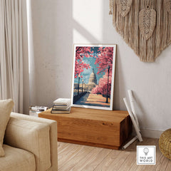 Washington D.C. Cherry Blossom Capitol Print - Springtime US Landmark Poster displayed in a stylish living room setting.