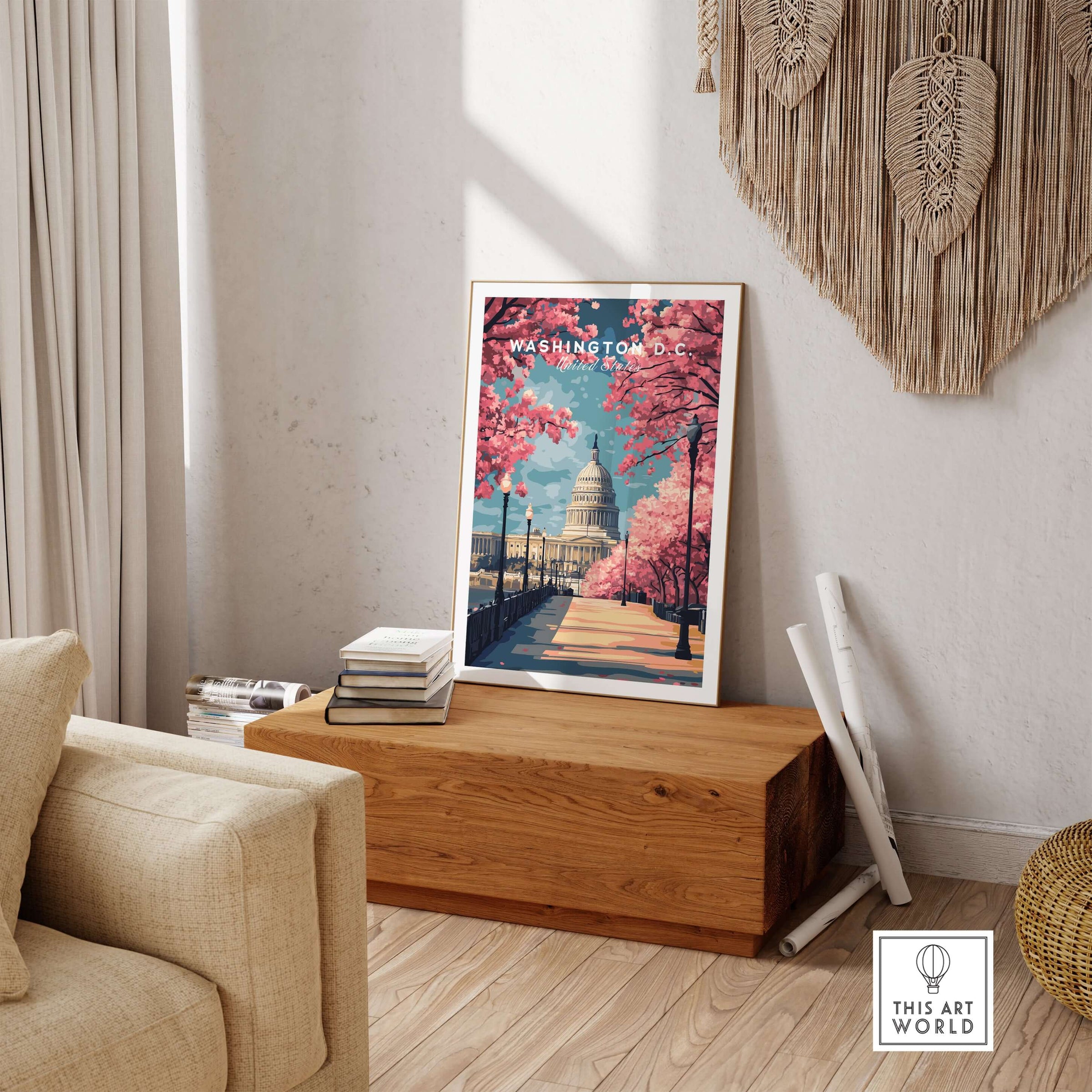 Washington D.C. Cherry Blossom Capitol Print - Springtime US Landmark Poster displayed in a stylish living room setting.